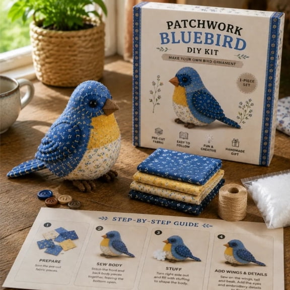 Patchwork Bluebird DIY Kit - Handmade Sewing Craft Set with Floral Fabric, DIY Patchwork Animal Kit