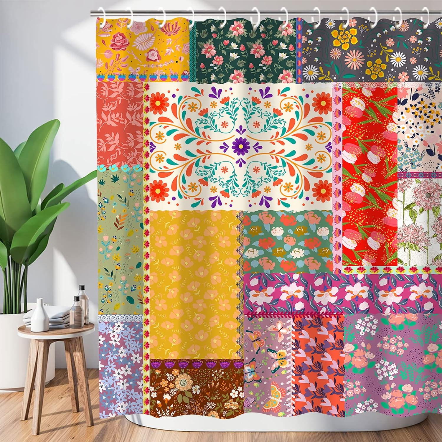 Patchwork Boho Shower Curtain Sets Vintage Bohemian Shower Curtains ...