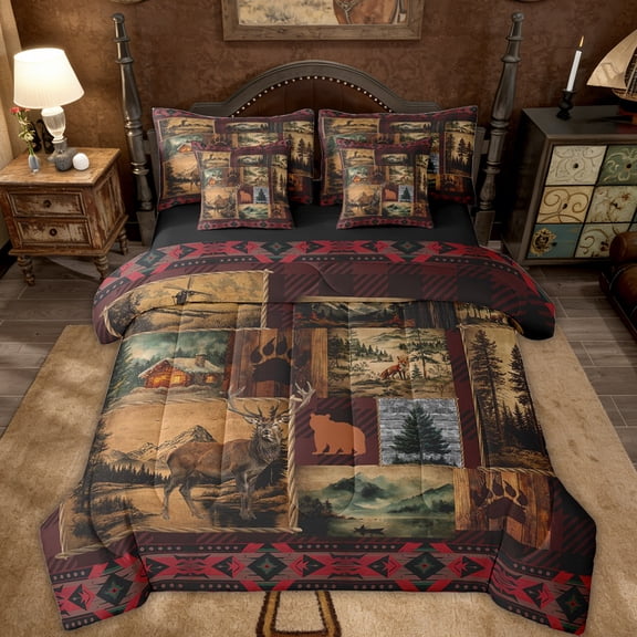 Patchwork Cabin Lodge Bedding Set Queen 7 Pcs,Bear Deer Hunting Bed in a Bag with Flat Fitted Sheet,Boho Exotic Comforter Set with Pillowcase and Sham,Woodland Animal Bed Sheets Set