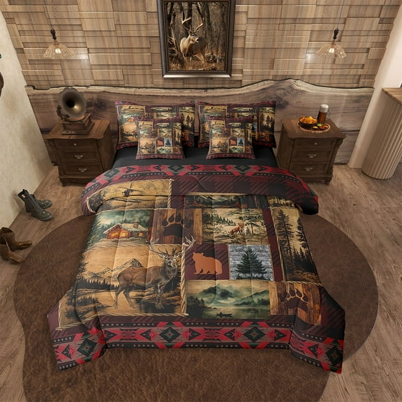 Patchwork Cabin Lodge Bedding Set Twin 7 Pcs,Bear Deer Hunting Bed in a Bag with Flat Fitted Sheet,Boho Exotic Comforter Set with Pillowcase and Sham,Woodland Animal Bed Sheets Set