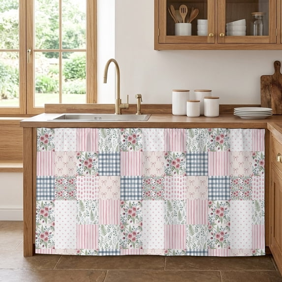 Patchwork Cabinet Curtains for Kitchen 32"W x 55"L, Rustic Pink Rose Bouquets Bow Ties Gingham Stripes Pantry Curtain Skirt Magic Tape Short Curtains Decor Privacy Panel for Utility Closet Bathroom