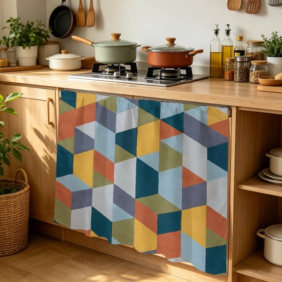 Patchwork Cabinet Curtains for Kitchen 35"W x 35"L, Colorful Geometric Abstract Three Dimensional Cube Laundry Sink Cabinets Magic Tape Short Curtain Privacy Panel for Bathroom Vanity Cabinets