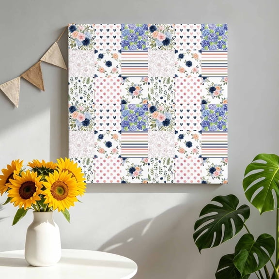 Patchwork Canvas Wall Art, Rustic Floral Pink Blue Hydrangea Blooms Polka Dots Framed Canvas Wall Decor Picture Print Artwork Decorations for Living Room Office Ready to Hang 8" x 8"