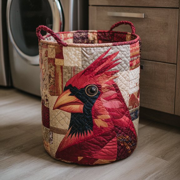 Patchwork Cardinal Quilted Laundry Basket, Clothes Hamper Storage Bag, Housewarming Gift Ideas, Gift For Mom