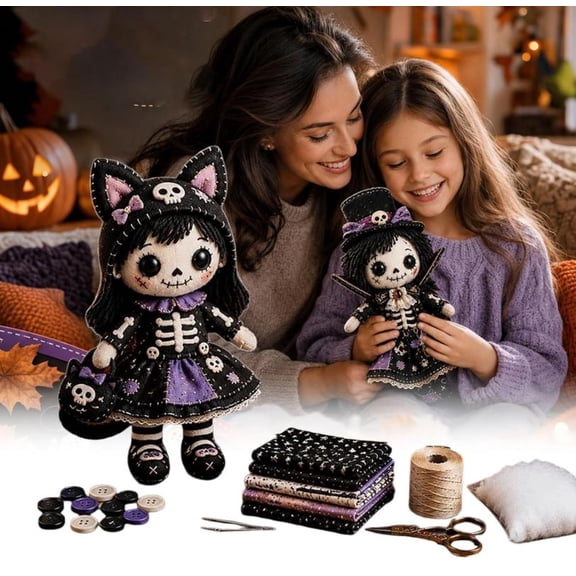 Patchwork Cat Skeleton Girl DIY Kit, Halloween Sewing Craft Kit for Adults & Teens, Beginner-Friendly Gothic Cute Handmade Doll Making Set, Seasonal Decor Gift