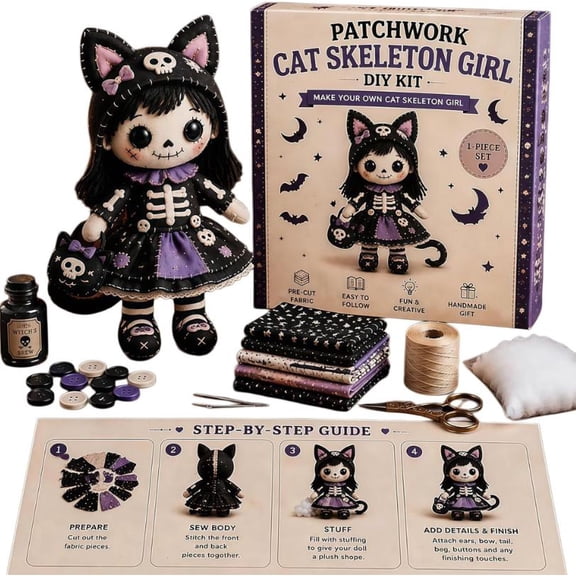 Patchwork Cat Skeleton Girl DIY Kit - Spooky Autumn Craft Project for Home Decor, Easy-to-Follow Felt Doll Kit for Holiday Gifting & Collectors