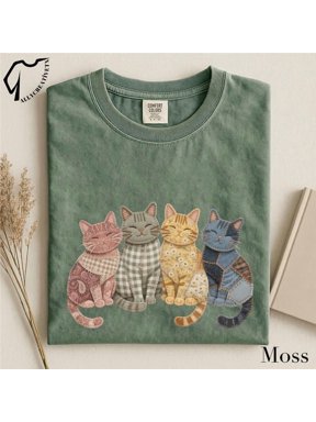 Patchwork Cats Shirt, Cute Cat Graphic Tee, Vintage Quilt Style T Shirt, Cat Lover Gift, Cozy Animal Illustration Tee
