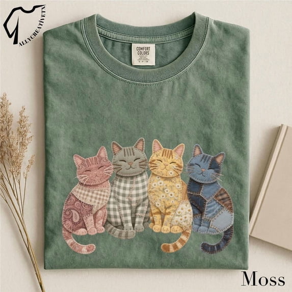 Patchwork Cats Shirt, Cute Cat Graphic Tee, Vintage Quilt Style T Shirt, Cat Lover Gift, Cozy Animal Illustration Tee