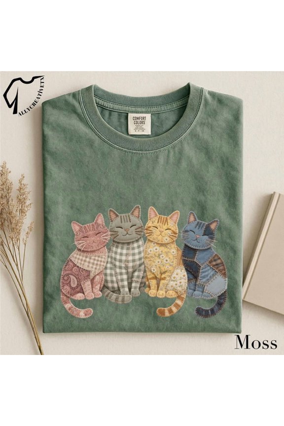 Patchwork Cats Shirt, Cute Cat Graphic Tee, Vintage Quilt Style T Shirt, Cat Lover Gift, Cozy Animal Illustration Tee