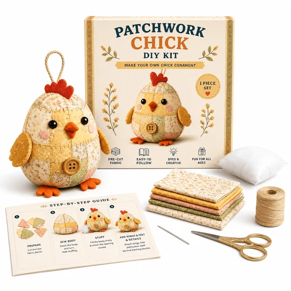 Patchwork Chickens DIY Kit, Cute Plush Animal Ornament Making Kit for Sewing Lovers
