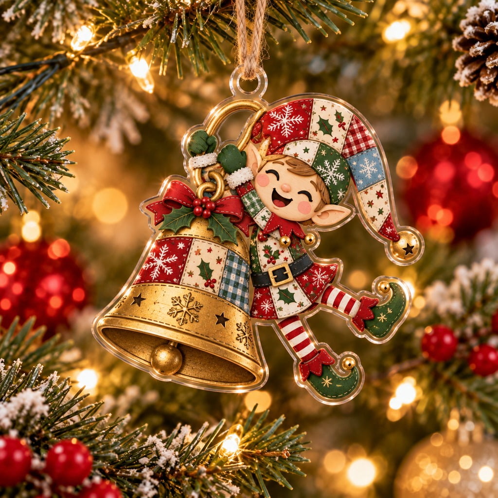Patchwork Christmas Ornament Playful Elf Bell Ringer Tree Hanging for ...