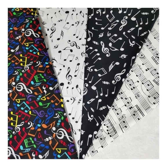 Patchwork Cloth, Colorful Music Note Stave Joy Music Score Black White Bundle Cotton Fabric DIY Fabric Patchwork, 4 Pcs 25x24cm