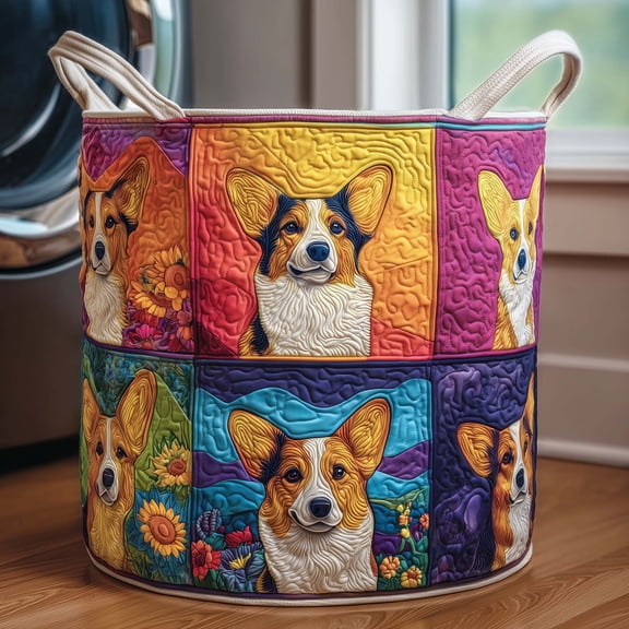 Patchwork Corgi Quilted Laundry Basket, Storage Bin Laundry Basket Fabric, House Storage Hamper, Mother Day's Gift Ideas