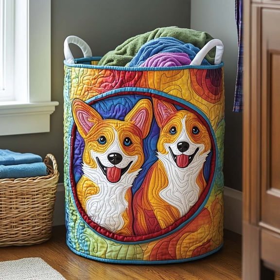 Patchwork Corgi Smile Quilted Laundry Basket