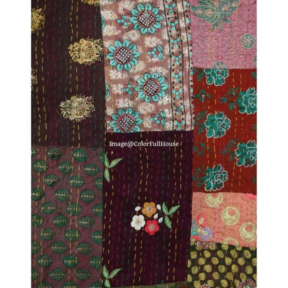 Patchwork Cotton,Silk Katha Quilt,Vintage Gudri, Bedsheet, Bedspread,Blanke Size( King 108" x 108" )