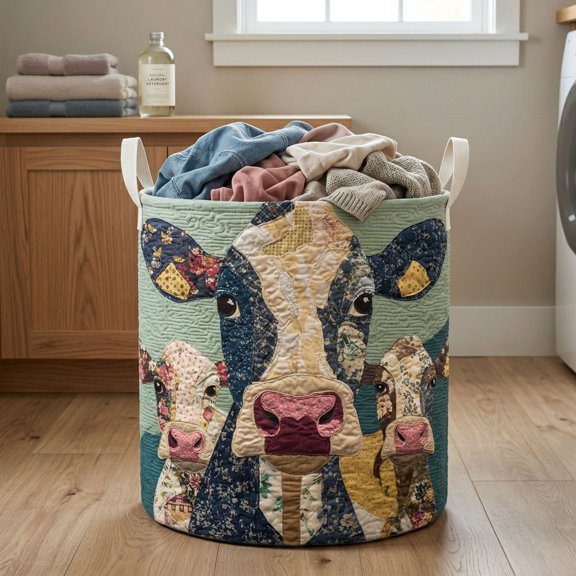 Patchwork Cow Family Quilted Laundry Basket