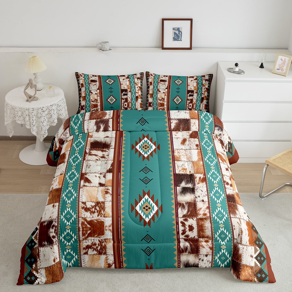 Patchwork Cowhide Bedding Set Bohemian Exotic Geometry Western