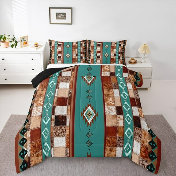 Patchwork Cowhide Bedding Set Bohemian Exotic Geometry Western Comforter Set Queen,Ethnic Tribe Arrow Aztec Quilt Farm Animals Bull Cow Print Duvet Insert,Farmhouse Decor