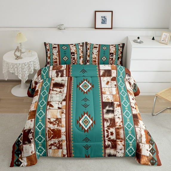 Patchwork Cowhide Bedding Set Bohemian Exotic Geometry Western Comforter Set Twin,Ethnic Tribe Arrow Aztec Quilt Farm Animals Bull Cow Print Duvet Insert,Farmhouse Decor