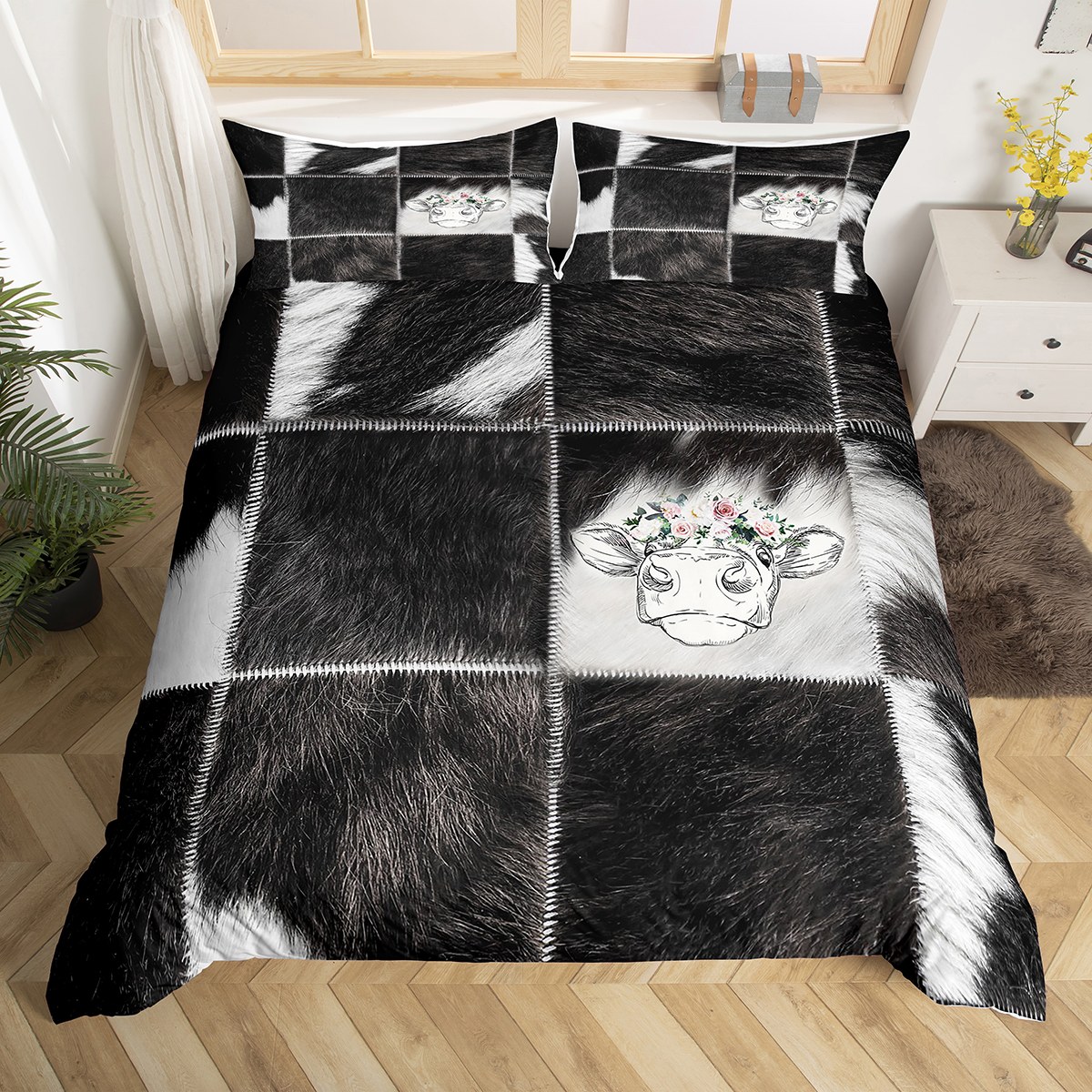 Patchwork Cowhide Bedding Set Twin Size Cartoon Bull Cattle Duvet Cover