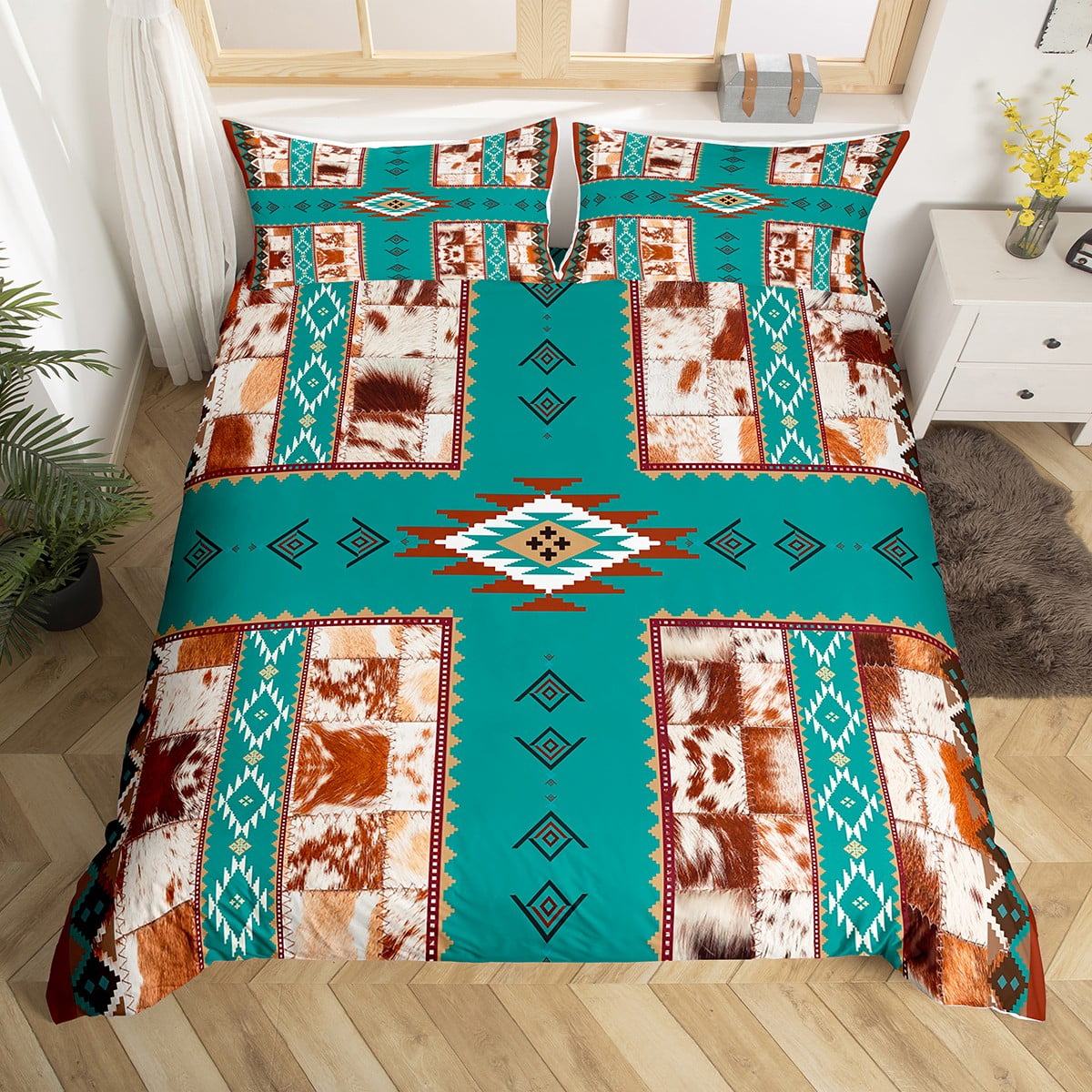 Patchwork Cowhide Duvet Cover Geometric Diamond Triangle Western