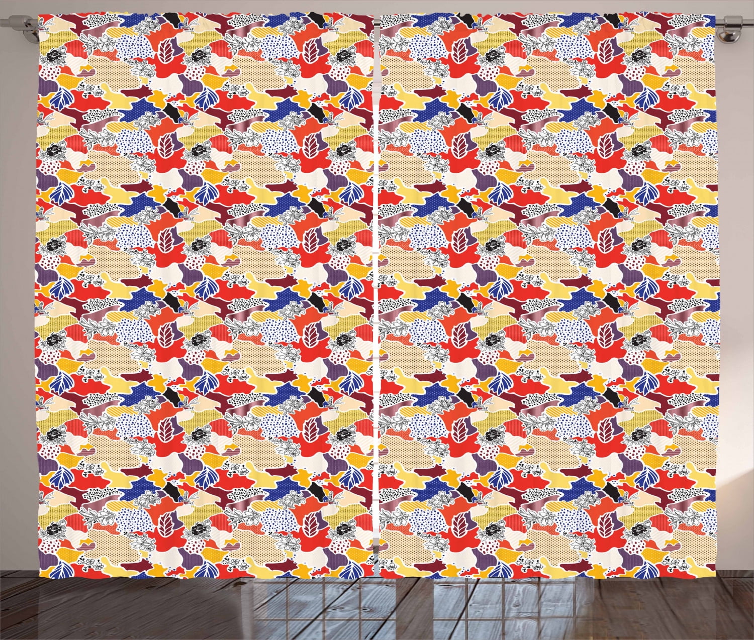 Patchwork Curtains 2 Panels Set, Adjoining Uneven Wavy Forms Ornamented ...
