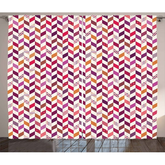 Patchwork Curtains 2 Panels Set, Colorful Geometric Herringbone Patchwork Pattern with Dotted and Checkered Tiles, Window Drapes for Living Room Bedroom, 108W X 96L Inches, Multicolor, by Ambesonne
