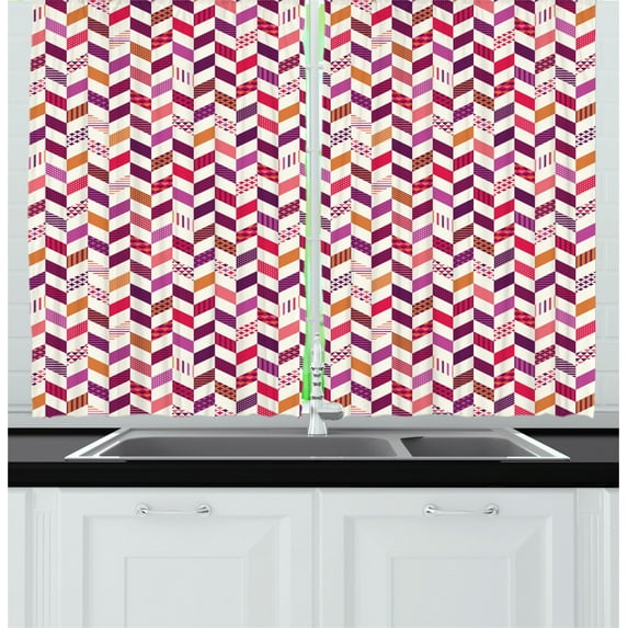 Patchwork Curtains 2 Panels Set, Colorful Geometric Herringbone Patchwork Pattern with Dotted and Checkered Tiles, Window Drapes for Living Room Bedroom, 55W X 39L Inches, Multicolor, by Ambesonne