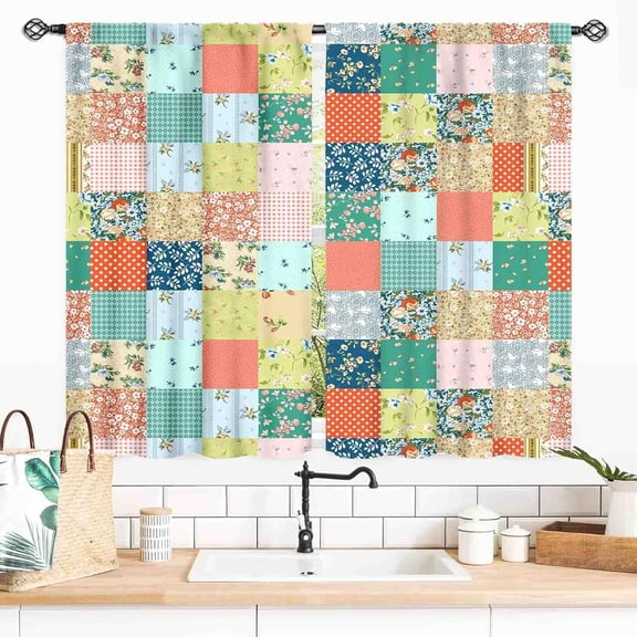 Patchwork Curtains, Boho Floral Vintage Bohemian Colorful Spring Wild Flower Retro Pattern Stitching Bohemian Window Curtains for Living Room Bedroom Kitchen Bathroom 2 Panels, 55x39 Inch
