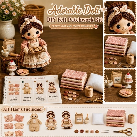 Patchwork DIY Doll Kits, Creative Manual Art Handmade Fun Sewing Kit, 3D Cute Felt Patchwork Doll Making Craft Gift for Adult Beginners DIY Craft Lovers