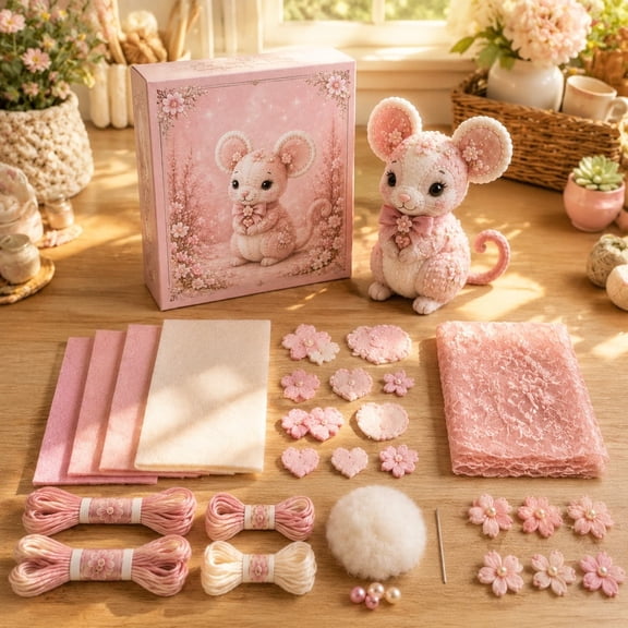 Patchwork DIY Kit Series, Pink Mourse Animal Collection Patchwork Doll Kit with Full Materials, Felt Doll Sewing Craft Kit Gift for Sewing Lovers & DIY Enthusiasts