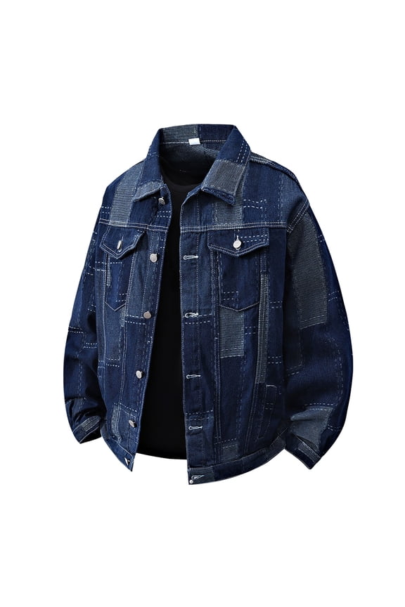 Patchwork Denim Jacket Workwear Style with Contrast Panels Notched Collar Relaxed Fit Casual Coat Blue XL