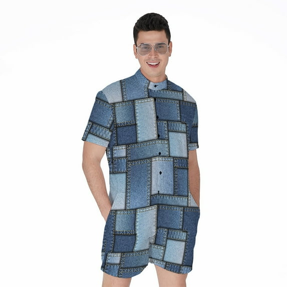 Patchwork Denim Jeans Pattern Short Sleeve Men'S Rompers, Denim Pattern Design Casual Summer Jumpsuits Outfit