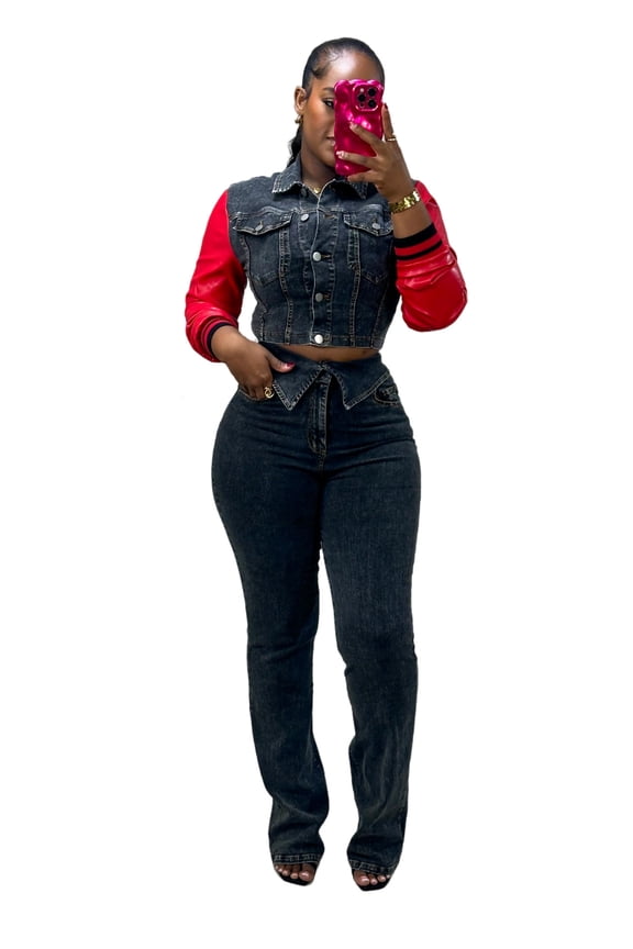 Patchwork Denim Set cropped jackethigh-waist jeans (XL, Black)