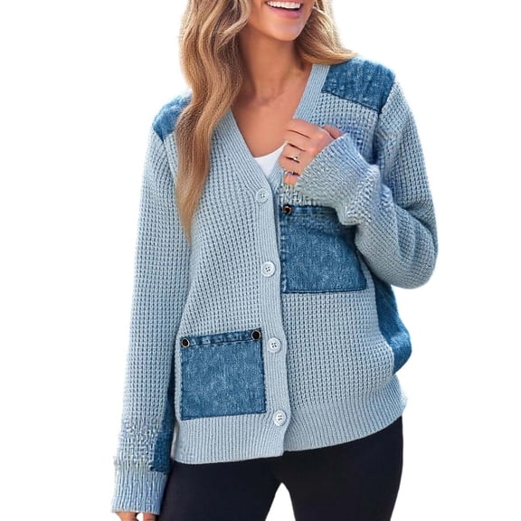 Patchwork Denim Sweater for Women Long Sleeve Button Down V Neck Cardigan Chunky Knit Outerwear Blue L