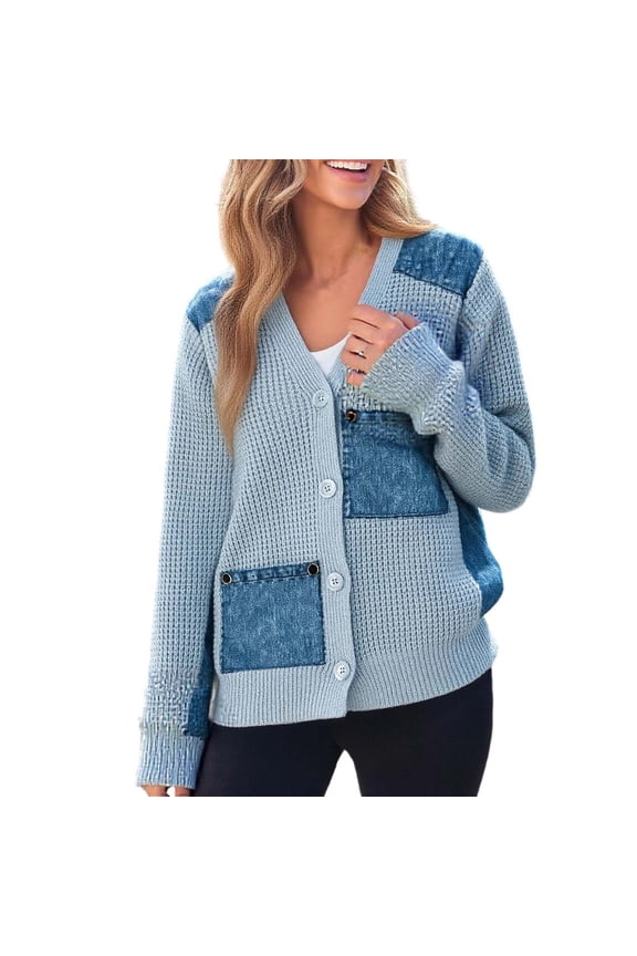 Patchwork Denim Sweater for Women Long Sleeve Button Down V Neck Cardigan Chunky Knit Outerwear Blue M