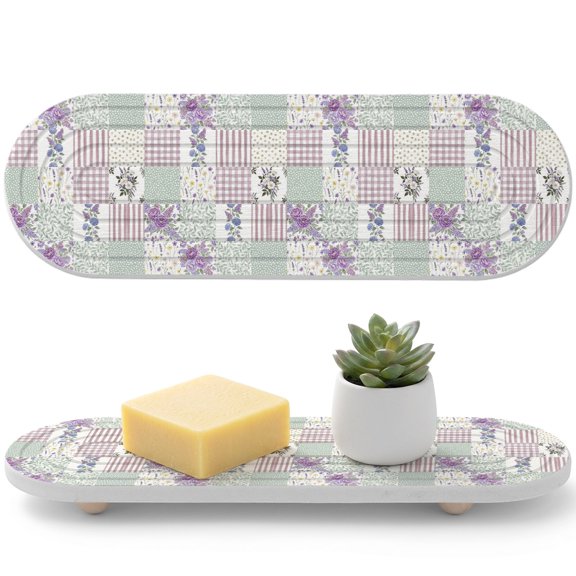 Patchwork Diatomaceous Earth Coasters, Rustic Purple Roses Gingham Plaid Stripe Ditsy Dots Water Absorbent Diatomite Coaster, Bathroom Tray Stone Dish Drying Mat Kitchen Sink Tray 12x4in