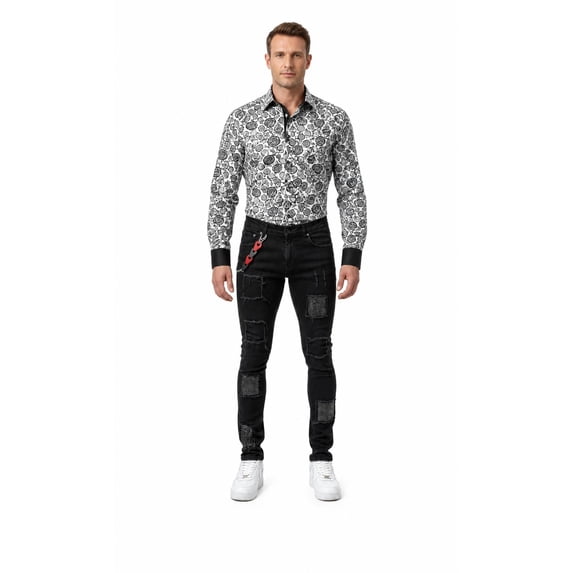 Patchwork Distressed Jeans for Men - BLACK, 34