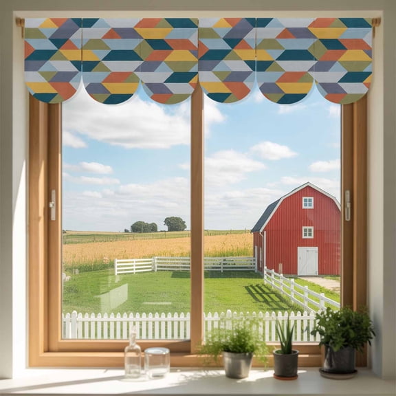 Patchwork Door Banner Colorful Geometric Abstract Three Dimensional Cube Small Scalloped Hanging Banner for Door, Hanging Flag Backdrop Decoration for Wall Window Party 3pcs, 8 x 12 Inch