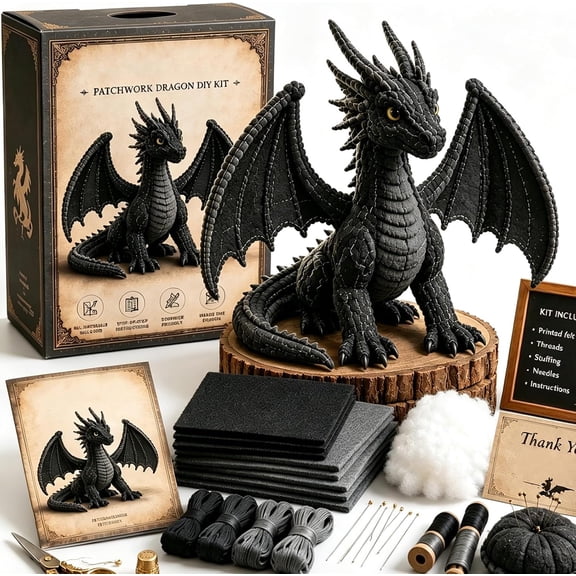 Patchwork Dragon DIY Kit – Create Your Own 3D Dragon, Mythical Creature Stitching Assembly Pack, Three Dimensional Decorative Beast Figure, Novice Artisan Hobby Craft Project(Black)
