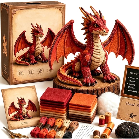 Patchwork Dragon DIY Kit – Create Your Own 3D Dragon, Mythical Creature Stitching Assembly Pack, Three Dimensional Decorative Beast Figure, Novice Artisan Hobby Craft Project(Red)