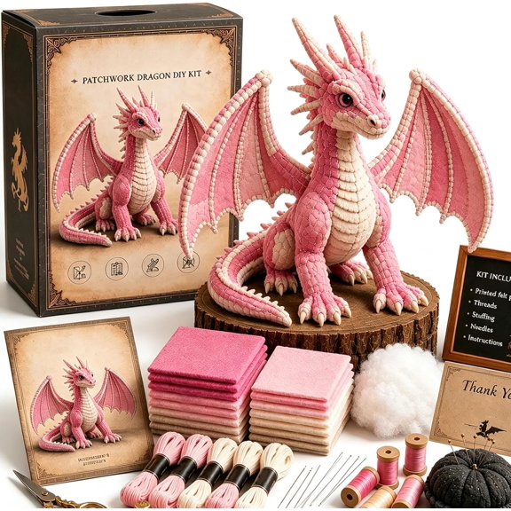 Patchwork Dragon DIY Kit – Create Your Own 3D Dragon, Mythical Creature Stitching Assembly Pack, Three Dimensional Decorative Beast Figure, Novice Artisan Hobby Craft Project(Pink)