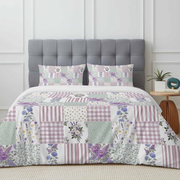 Patchwork Duvet Cover Set Cal King Size, Rustic Purple Roses Gingham Plaid Stripe Ditsy Dots 4 Piece Soft Microfiber Bedding Set with Zipper Closure, 1 Comforter Cover, 1 Flat Sheet, 2 Pillowcases