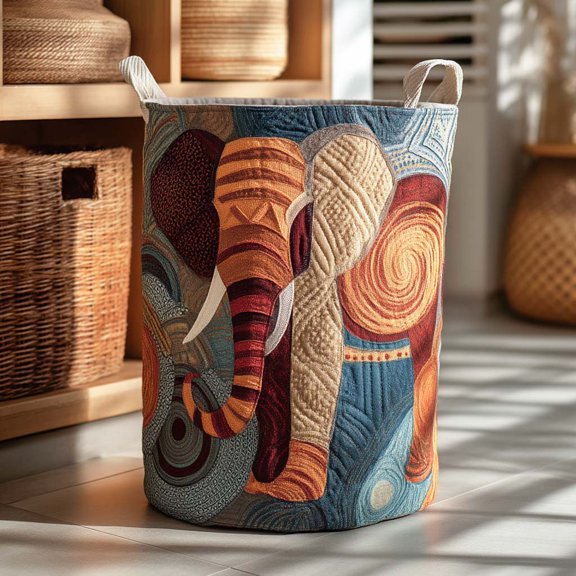 Patchwork Elephant Quilted Laundry Basket, Clothes Hamper Storage Bag, Housewarming Gift Ideas, Gift For Mom
