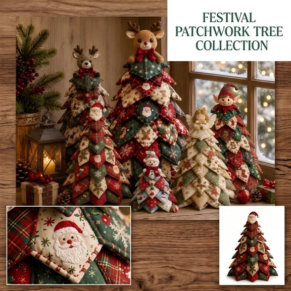 Patchwork Fabric Tabletop Christmas Tree, Quilted Stuffed Holiday Tree with Character Topper, Plush Patchwork Christmas Tree Collection for Tabletop