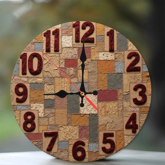Patchwork Fabric Wall Clock Home Decor 10-Inch Silent Wooden Wall Clock, Battery Operated (AA Batteries Not Included), Artistic Home Decor