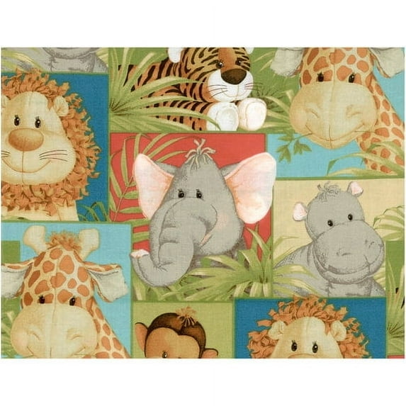 Cotton Jungle Babies Safari Animals Giraffes Elephants Lions Monkeys Hippos Kids Funny Multicolor Cotton Fabric Print by the Yard (687-E)