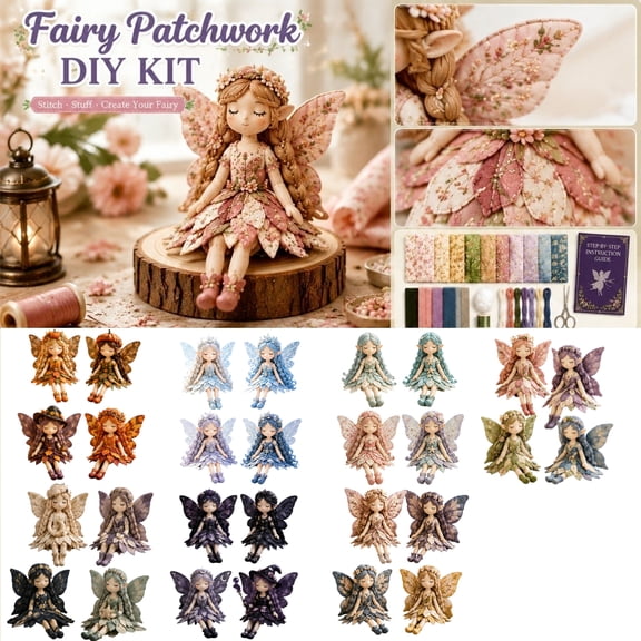 Patchwork Fairy Doll Making Kit, DIY Sewing Kit for Adults and Beginners, 4 Winged Elf Cloth Dolls Craft Set, Pre-Cut Fabric and Supplies, Fairy Garden Gift for Sewing Lovers and Home Decor