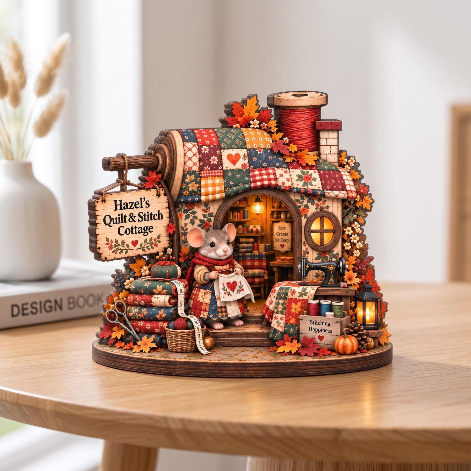 Stictch Fall Patchwork Fall Wooden Home Decor, Sewing Mouse Shelf Sitter, Quilt And ...