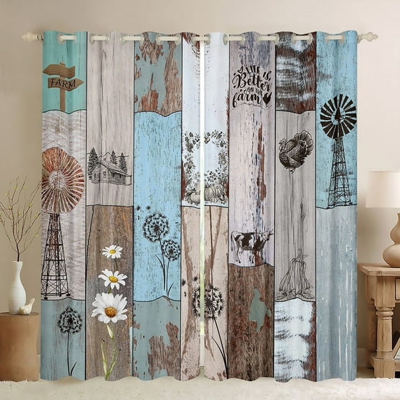 Patchwork Farmhouse Blackout Curtains Vintage Country Rustic Curtains 42"Wx63"L, Western Animal Wooden Plank Wood Decor Curtains & Drapes Cabin Room Decor Dandelion Daisy Window Curtains 2 Panels